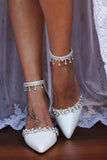 Pointed Toe Pumps High Heel Ankle Strap Dress Shoes Wedding Party Pump with Rhinestones