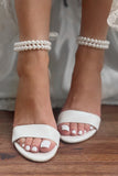 White Bridal Sandals PU Leather Chic Open Toe Pearl Wedding Sandals
