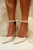 Faux Leather Block Heel Point Toe Wedding Heels Bridal Shoes Pearl Ribbon Tie Elegant Wedding Shoes