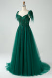 Dark Green A-Line Spaghetti Straps Long Prom Dress with Beading