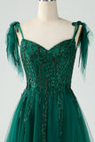 Dark Green A-Line Spaghetti Straps Long Prom Dress with Beading