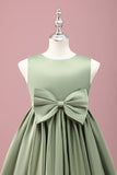 Grey Green A-Line Round Neck Satin Flower Girl Dress with Bow