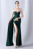 Navy Mermaid Strapless Long Corset Prom Dress with Slit