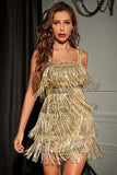 Glitter Golden Sheath/Column Sequins Short Party Dress with Fringes