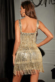 Glitter Golden Sheath/Column Sequins Short Party Dress with Fringes