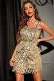 Glitter Golden Sheath/Column Sequins Short Party Dress with Fringes