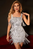 Glitter Golden Sheath/Column Sequins Short Party Dress with Fringes