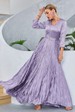 Lilac A Line V Neck Long Sleeves Prom Dress with Pleated