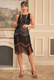 Glitter Black Green Sleeveless Sequined Fringed Gatsby Dress