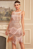 Sparkly Blush Sleeveless Sequined Fringed Gatsby Dress