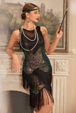 Glitter Black Green Sleeveless Sequined Fringed Gatsby Dress