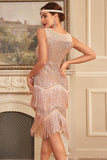 Sparkly Blush Sleeveless Sequined Fringed Gatsby Dress