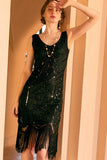 Sparkly Black Golden Sleeveless Sequins Fringed Flapper Gatsby Dress