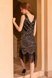 Sparkly Black Golden Sleeveless Sequins Fringed Flapper Gatsby Dress