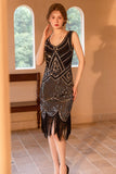 Sparkly Black Golden Sleeveless Sequins Fringed Flapper Gatsby Dress