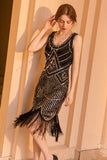 Sparkly Black Golden Sleeveless Sequins Fringed Flapper Gatsby Dress