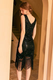 Sparkly Black Golden Sleeveless Sequins Fringed Flapper Gatsby Dress