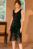 Sparkly Black Golden Sleeveless Sequins Fringed Flapper Gatsby Dress