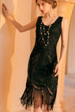 Sparkly Black Golden Sleeveless Sequins Fringed Flapper Gatsby Dress