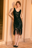 Sparkly Black Golden Sleeveless Sequins Fringed Flapper Gatsby Dress