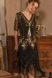 Sparkly Black Golden Short Sleeves Sequined Fringed Gatsby Dress