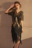 Sparkly Black Golden Short Sleeves Sequined Fringed Gatsby Dress