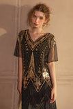 Sparkly Black Golden Short Sleeves Sequined Fringed Gatsby Dress