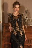 Sparkly Black Golden Short Sleeves Sequined Fringed Gatsby Dress