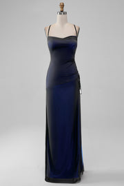 Black Blue Sheath Spaghetti Straps Floor Length Bridesmaid Dress With Elasticity