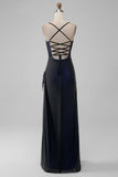 Black Blue Sheath Spaghetti Straps Floor Length Bridesmaid Dress With Elasticity