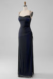 Black Blue Sheath Spaghetti Straps Floor Length Bridesmaid Dress With Elasticity