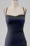 Black Blue Sheath Spaghetti Straps Floor Length Bridesmaid Dress With Elasticity