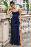 Sheath Spaghetti Straps Floor Length Black Blue Bridesmaid Dress with Elasticity