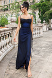 Sheath Spaghetti Straps Floor Length Black Blue Bridesmaid Dress with Elasticity