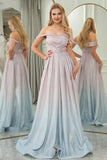 Metallic A-Line Off the Shoulder Sparkly Gradient Elegant Pleated Prom Dress