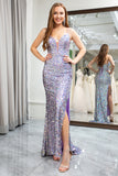 Lilac Mermaid Spaghetti Straps Sparkly Sequins Prom Dress with Slit