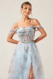 Blue Flower A-Line Spaghetti Straps Corset Long Prom Dress With Slit