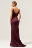 Burgundy Mermaid V Neck Ruched High-Low Long Satin Bridesmaid Dress with Slit