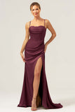 Martini Mermaid Cowl Neckline Ruched Corset Long Satin Bridesmaid Dress with Slit