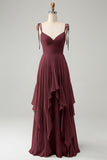 A Line Spaghetti Straps Chiffon Long Eucalyptus Bridesmaid Dress with Ruffles