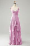 A Line Spaghetti Straps Chiffon Long Eucalyptus Bridesmaid Dress with Ruffles