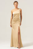 Dark Green Elegant Mermaid One Shoulder Pleated Backless Bridesmaid Dress with Slit