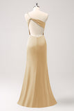 Elegant Olive Mermaid One Shoulder Pleated Backless Bridesmaid Dress with Slit