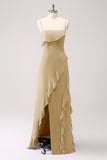 Sheath Spaghetti Straps Ruffle Long Bridesmaid Dress with Slit