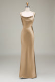 Sheath Spaghetti Straps Long Satin Bridesmaid Dress