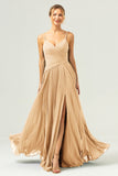 A Line Spaghetti Straps Pleated Chiffon Long Bridesmaid Dress with Slit