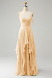 A Line Spaghetti Straps Chiffon Long Eucalyptus Bridesmaid Dress with Ruffles