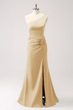 Elegant Olive Mermaid One Shoulder Pleated Backless Bridesmaid Dress with Slit