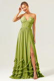 A Line Halter Lace Up Back Chiffon Long Bridesmaid Dress with Slit