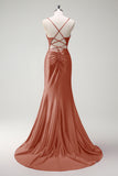 Sparkly Fuchsia Mermaid Beaded Corset Satin Long Prom Dress with Slit